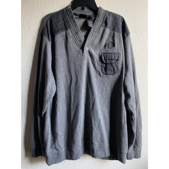 Harley Davidson Gray and Black Henley Long Sleeve 3 Button Pullover Sweater 2XL - Picture 2 of 16